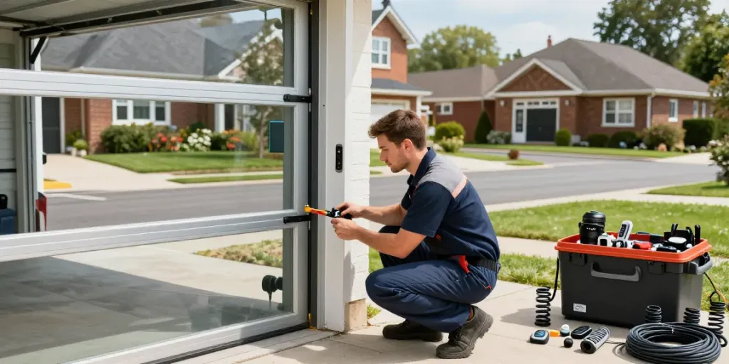 Steel-line garage door repair technician inspecting a broken door with tools in Bedford.